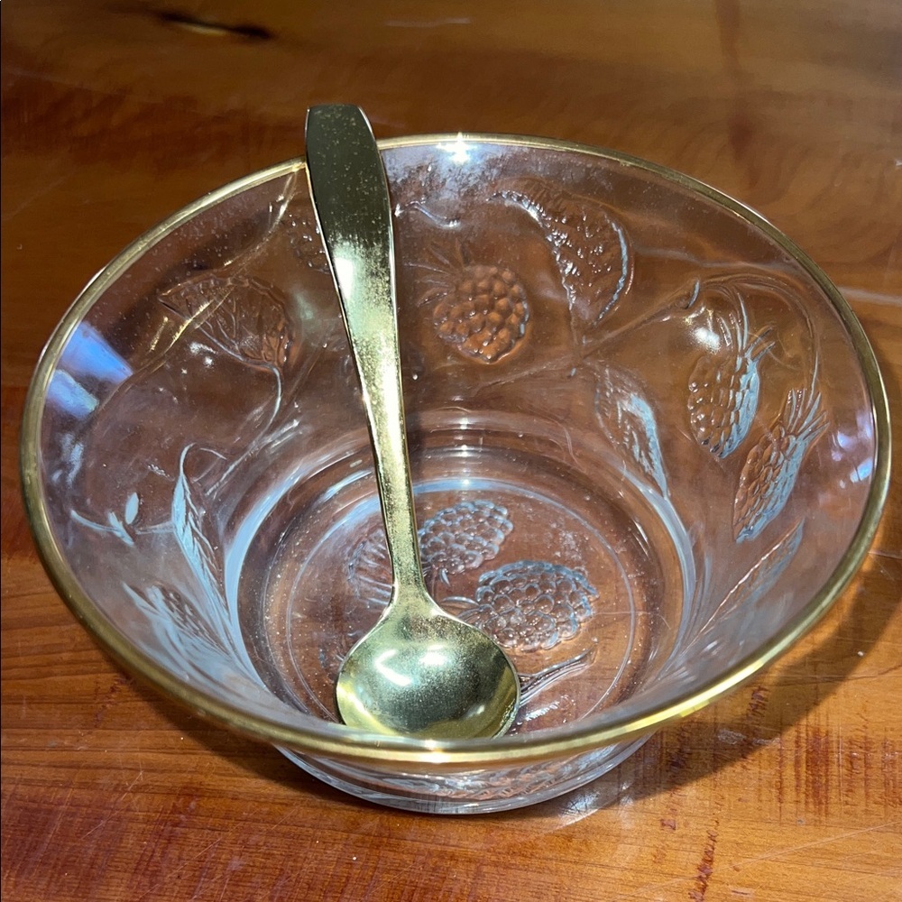 Vintage France Glass Gold Trim Berry Jam Bowl- Embossed Berry Pattern Gold Spoon